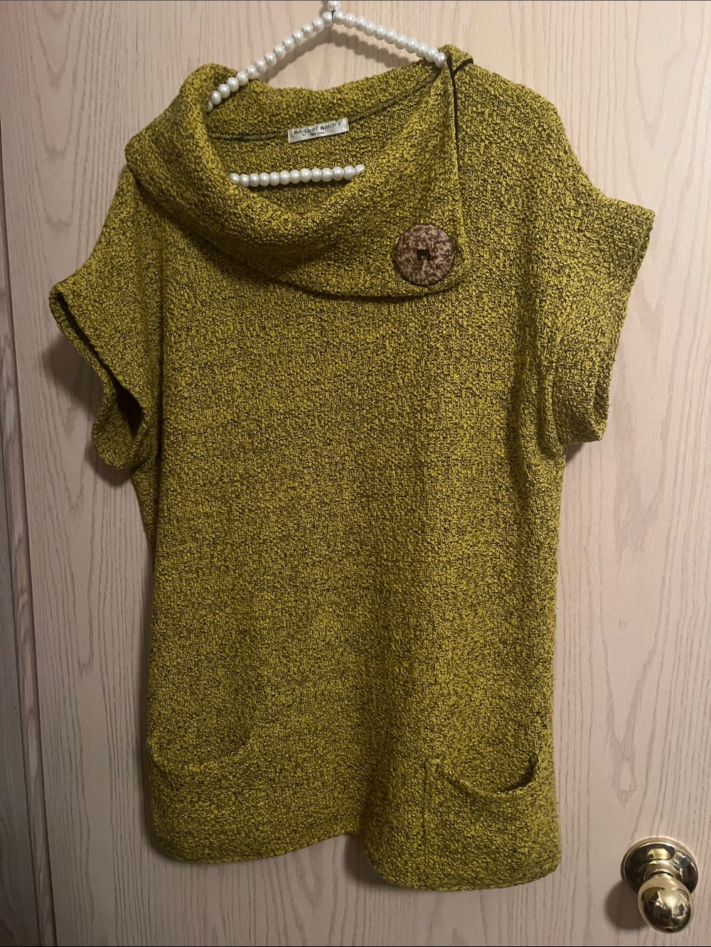 Textured Cowl-Neck Short Sleeve Sweater Tunic in Mustard